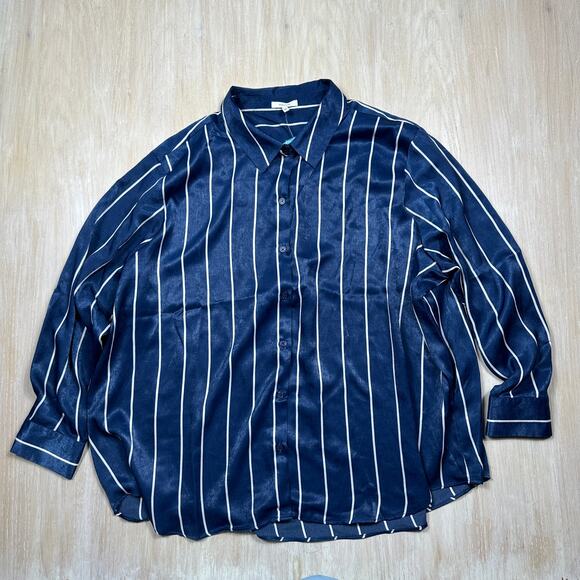 NWT Maurices Stripe Navy White Satin Button Down Satin Blouse Top Plus Size 4X - Picture 1 of 15